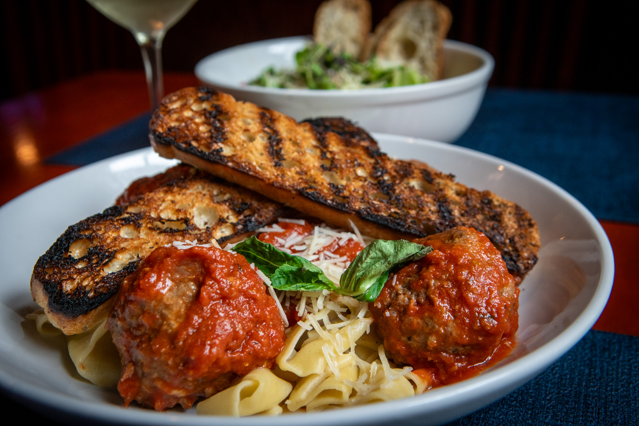 housemade pasta with meatballs and toasted garlic bread